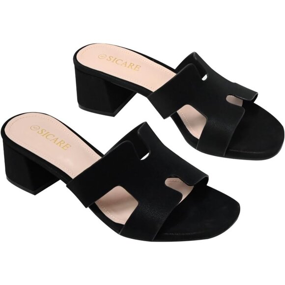 SICARE Square Open Toe Strappy Leather Women Sandals Low Block Chunky Heels - Picture 9 of 12